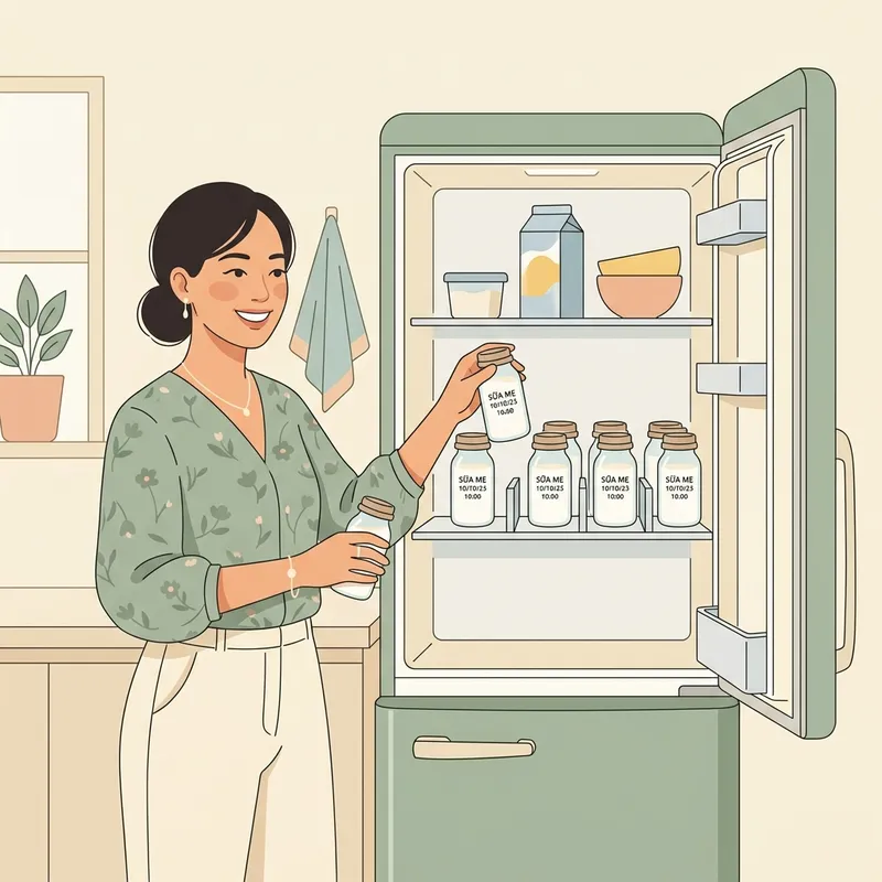 Hình minh họa mẹ sữa đang xếp các bình sữa vắt tươi vào ngăn mát tủ lạnh để bảo quản chuẩn y khoa
