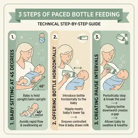 Sơ đồ hướng dẫn kỹ thuật Paced Bottle Feeding chuẩn y khoa với tư thế bế bé 45 độ và giữ bình sữa song song mặt đất