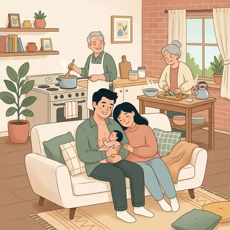 Hình minh họa ba mẹ và ông bà quây quản hạnh phúc bên em bé sơ sinh, đồng lòng tạo lá chắn y khoa bảo vệ nguồn sữa mẹ