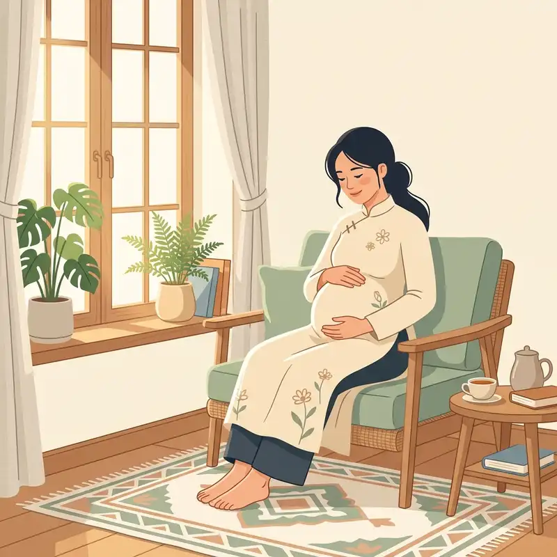 Người mẹ bầu ngồi yên bình bên cửa sổ chạm tay dịu dàng lên bụng trong ánh nắng ấm áp