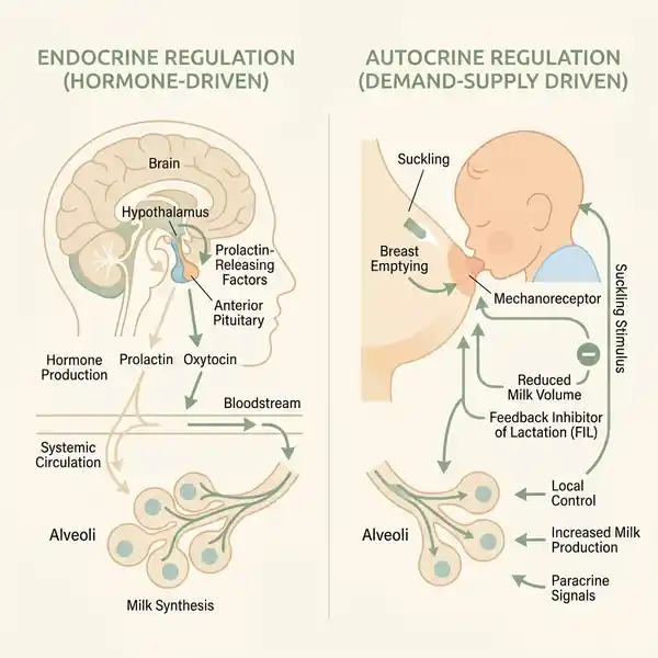 Sơ đồ so sánh cơ chế tiết sữa Autocrine dựa trên lực hút của bé và cơ chế nội tiết ban đầu