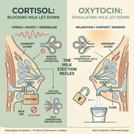 Sơ đồ đối chiếu tác động của Cortisol (gây stress và đóng vòi sữa) so với Oxytocin (thư giãn và giải phóng dòng sữa mẹ)