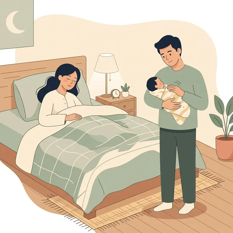 Người mẹ đang ngủ ngon giấc ban đêm trên giường trong khi người bố đang bế vỗ về bé yêu bên cạnh cửa sổ