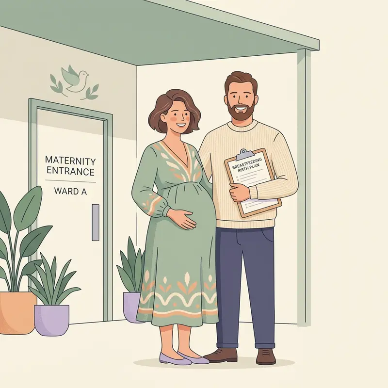 Minh họa ba mẹ sữa tự tin cầm bản kế hoạch nuôi con sữa mẹ trước khi đi sinh để chủ động làm việc với bác sĩ