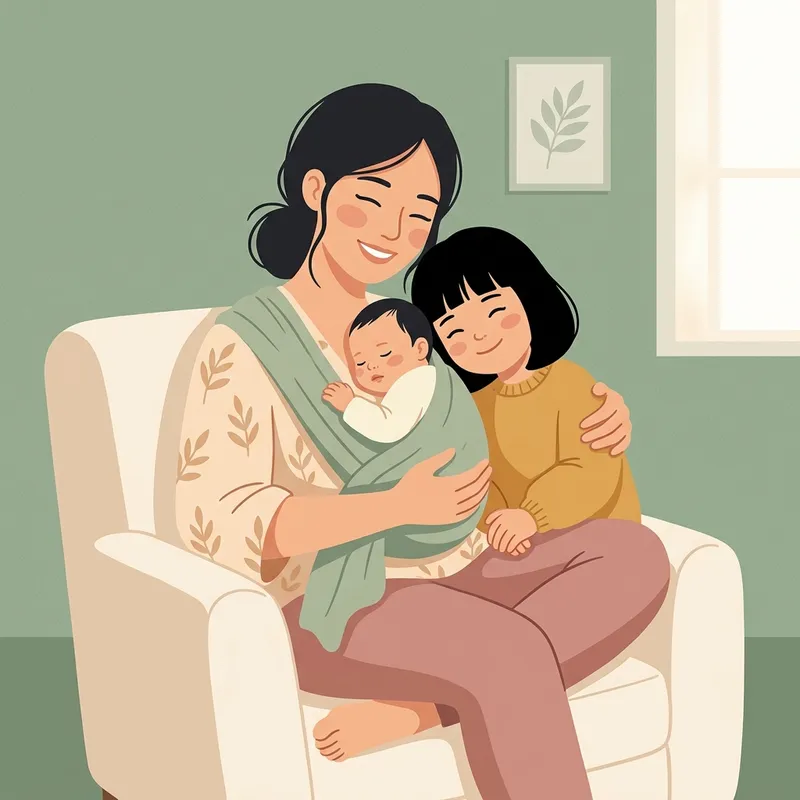 Người mẹ bế cả hai đứa con - bé lớn đang âu yếm nép bên hông mẹ và bé sơ sinh ngủ yên bình trên ngực mẹ
